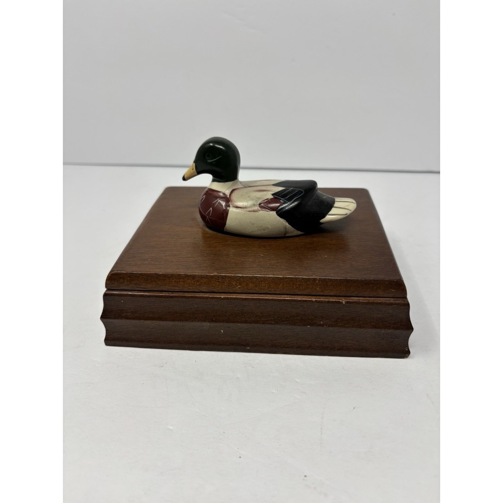 Vintage Wood Card Box With Stone Duck On Top Hinged Lid & 2 Compartments